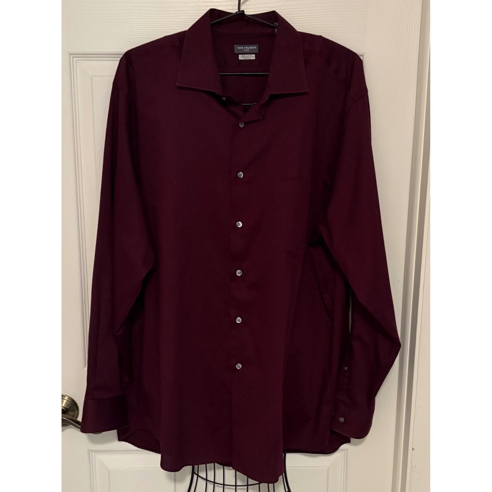 Van Heusen Flex Dress Shirt Men XXL 18 34/35 Burgundy Regular Fit Stretch